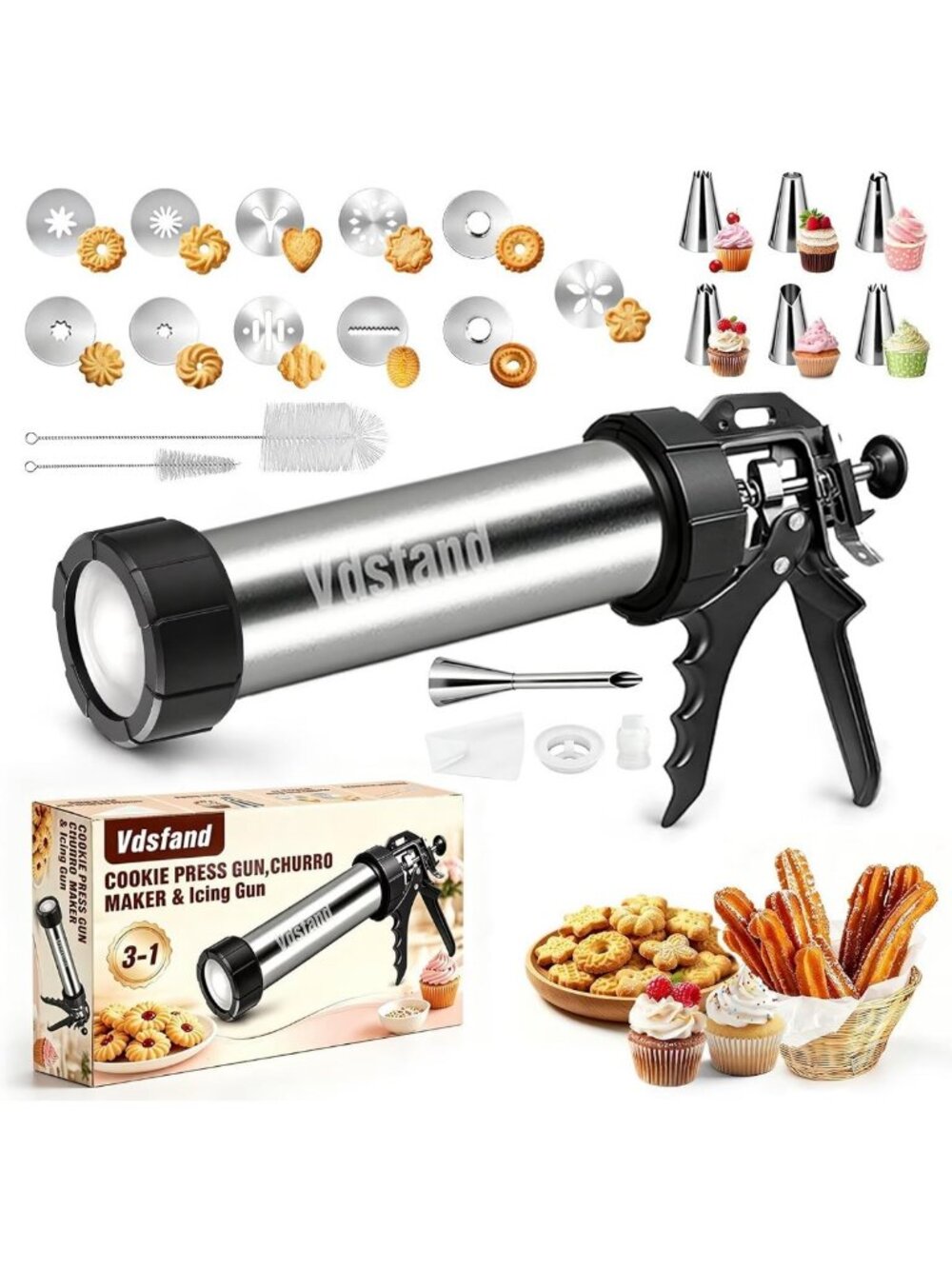 Versatile 3-in-1 Cookie Press & Churro Maker - Stainless Steel Baking Tool